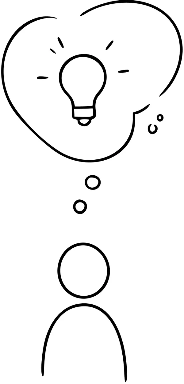 Line drawing of a person with a lightbulb in a thought bubble