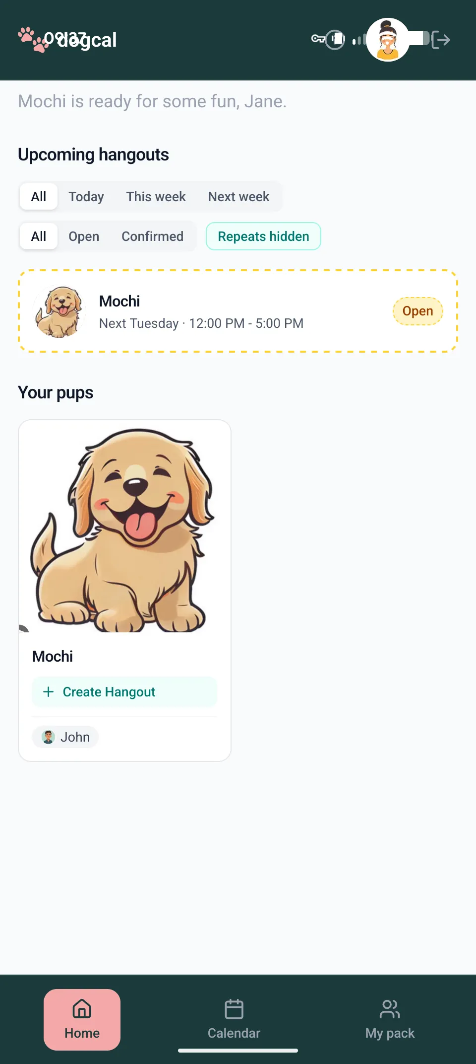 Dogcal on a phone: upcoming hangouts for Mochi the dog